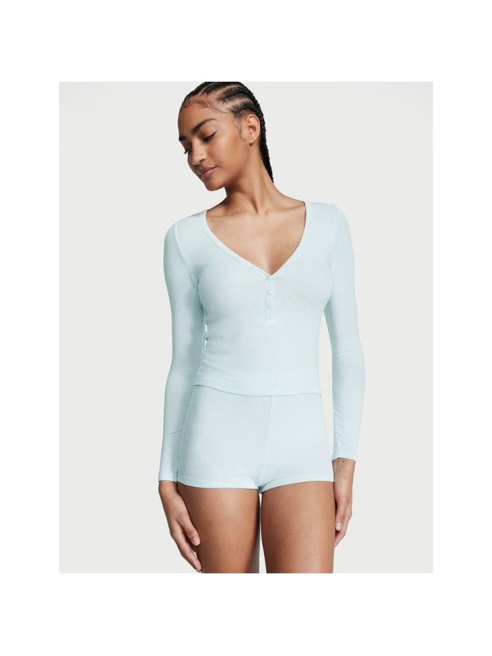 Victoria's Secret Light Blue Long Sleeve ribbed & Shorts Pajama Set - SoSoft